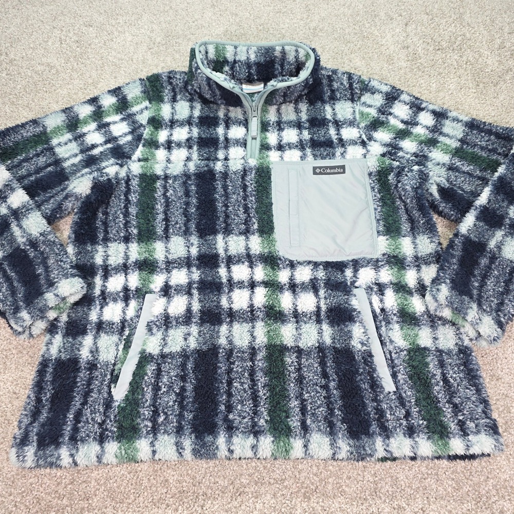 Columbia Womens Plaid Sherpa Fleece Quarter Zip Pullover Jacket XL Pristine Blue